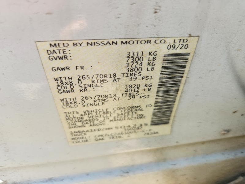 2021 NISSAN TITAN SV 4WD 5.6L V8 CREW CAB