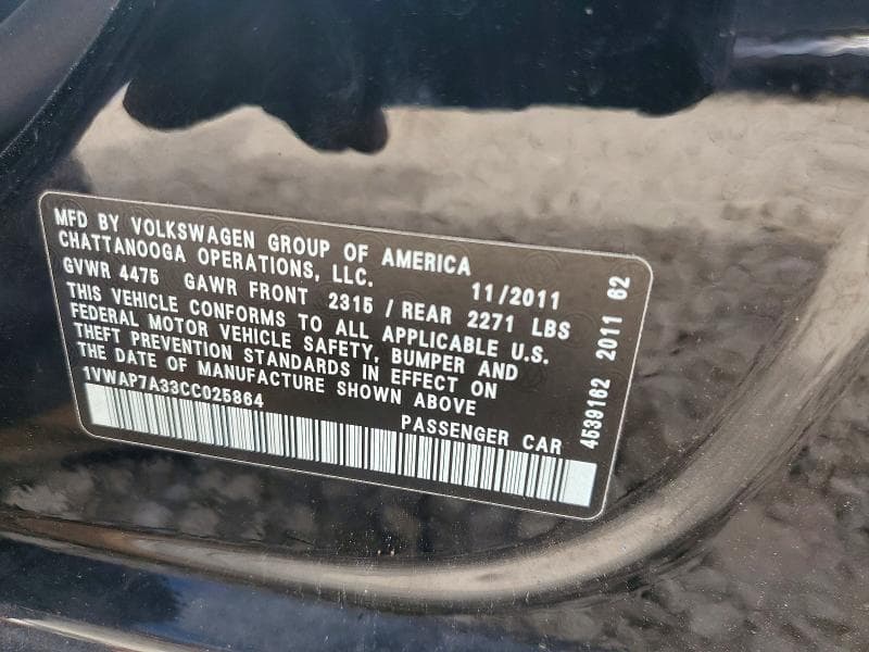 2012 VOLKSWAGEN PASSAT S
