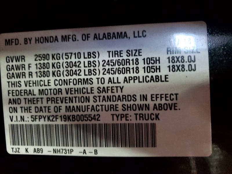 2019 HONDA RIDGELINE SPORT